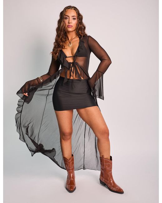 Public Desire Multicolor Mesh Tie Front Frill Maxi Cover Up Black