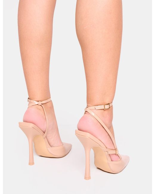Public Desire Pink Idol Nude Patent Buckle Strappy Detail Stiletto Pointed To Court High Heels