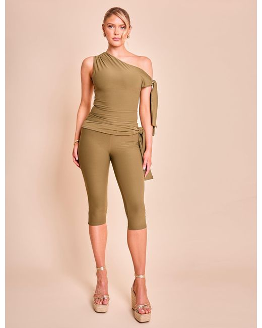 Public Desire Multicolor Knot Detail Tie Side Luxe Slinky Capri Pants Khaki