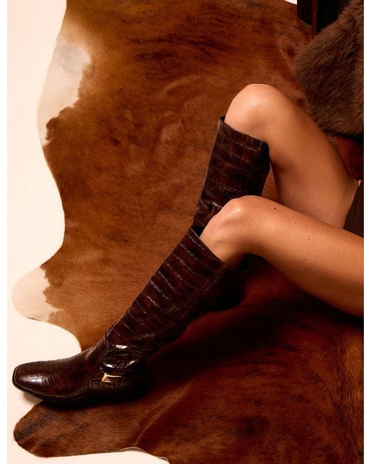 Public Desire Mackie Brown Croc Buckle Detail Knee High Riding Boot