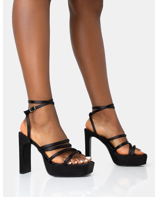Public Desire Viola Black Satin Strappy Square Toe Platform Flat Block Heels