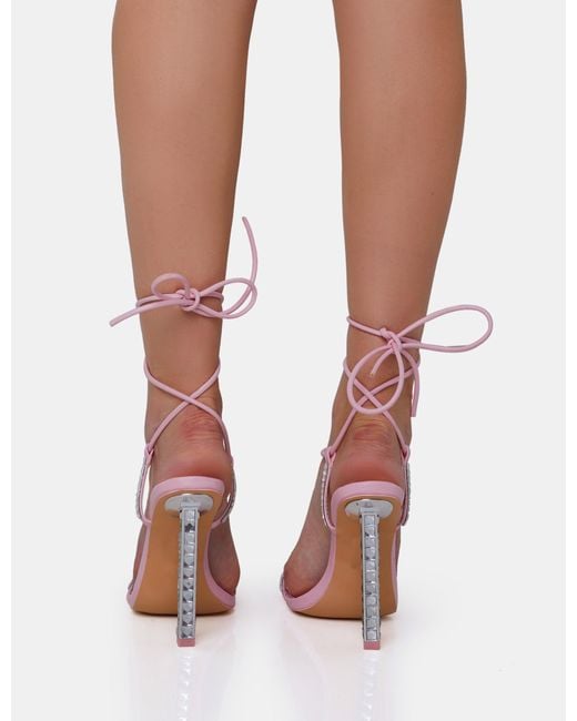 Public Desire Babe Baby Pink Pu Lace Up Strappy Square Toe Barley There Thin Block High Heels