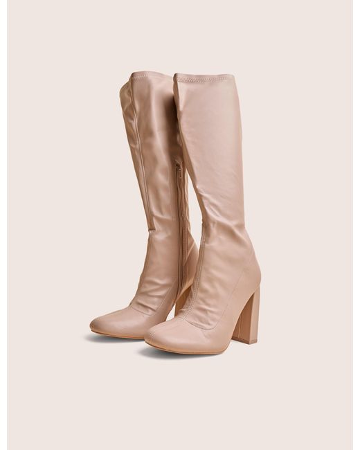 Public Desire Natural Christina Wide Fit Nude Pu Pointed Toe Block Heel Knee High Boots