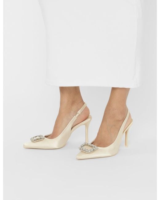 Public Desire White Flint Ivory Satin Brooch Slingback High Heels