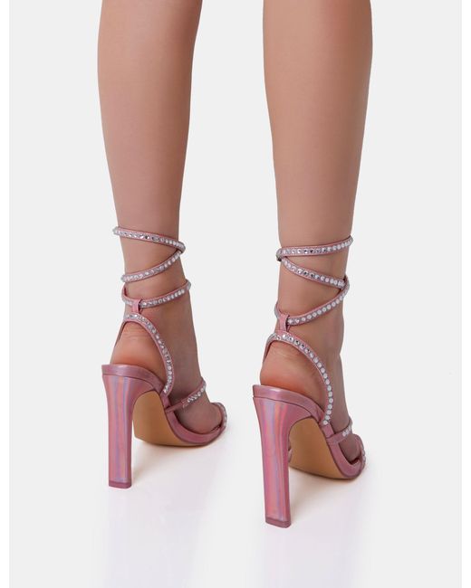 Public Desire Ultra Chic Pink Diamante Strappy Square Toe Slim Block Illusion Heel