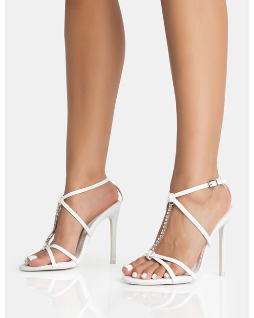 Public Desire Pink Beau Wide Fit White Pu Diamante Strappy Round Toe Stilettos Heels