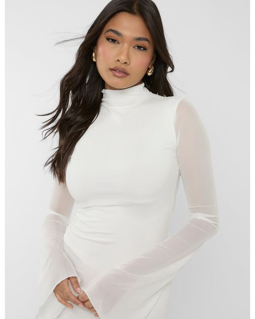 Public Desire Mesh High Neck Long Sleeve Mini Dress White