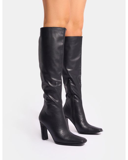 Public Desire Blue Acquilla Black Knee High Flared Heel Boots