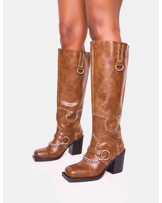 Public Desire Multicolor Nashville Vintage Brown Western Studded Block Heel Knee High Boot