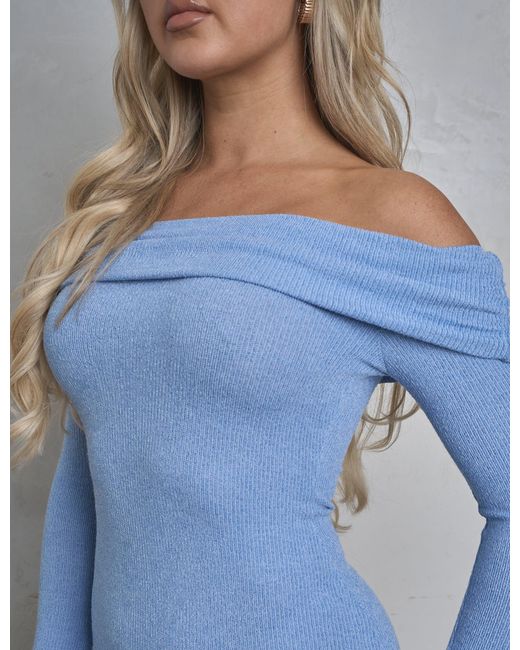 Public Desire Long Sleeve Off The Shoulder Bardot Mini Dress Blue