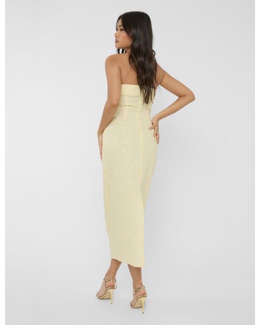 Public Desire Multicolor Linen Look Tailored Fold Over Bandeau Pocket Detail Midi Dress Yellow