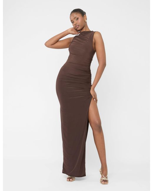 Public Desire Gray High Neck Ruched Detail Maxi Dress Chocolate