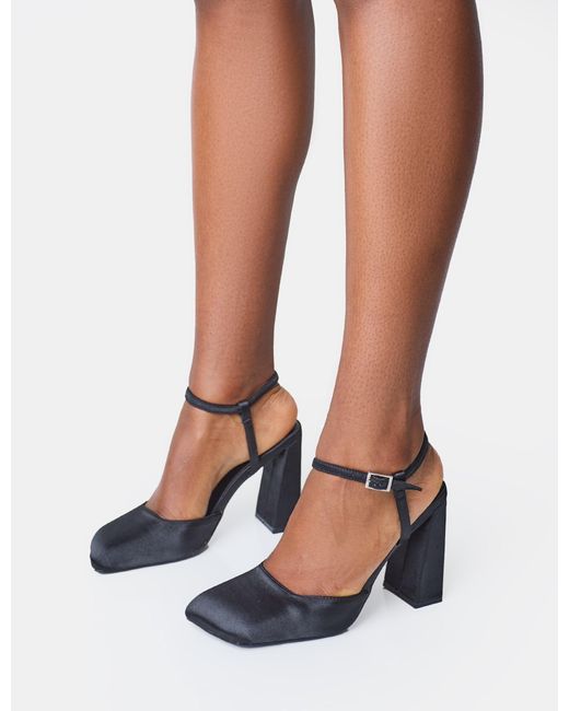 Public Desire White Leighton Black Satin Slant Toe Block Heels