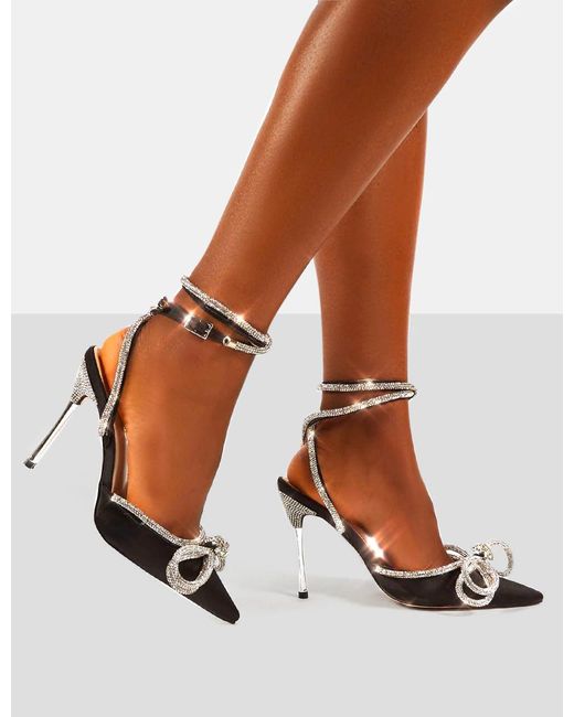 Public Desire Wide Fit Black Diamanté Bow Stiletto Heel Court Shoes | New  Look
