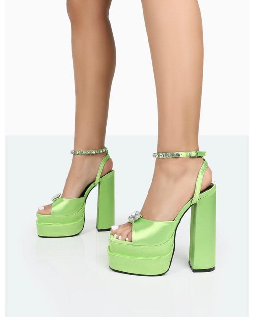 Public Desire Green Frozen Lime Satin Sparkly Diamante Strap Open Toe Block Platform Heels