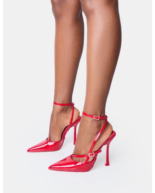 Public Desire Idol Red Patent Buckle Strappy Detail Stiletto Pointed Toe Court High Heels