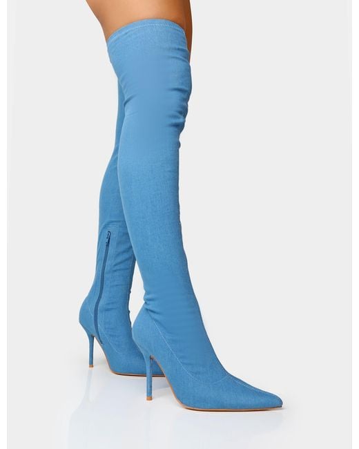 Public Desire Jodie Blue Denim Seam Detail Pointed Toe Stiletto Thigh High Boots