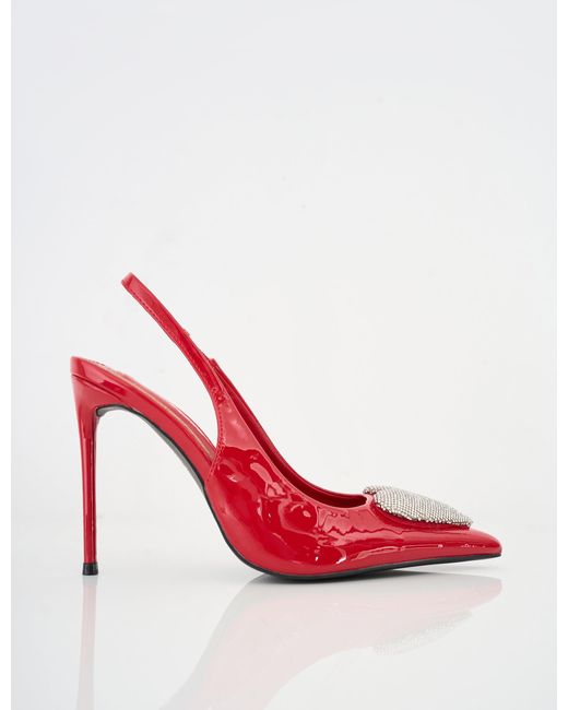 Public Desire Elvis Red Patent Diamante Heart Brooch Slingback Pointed Toe Court High Heels