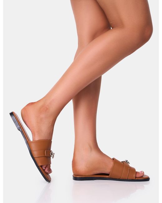 Public Desire Radiance Wide Fit Brown Buckle Trim Flat Sandals