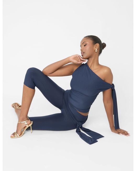 Public Desire Blue Knot Detail Asymmetric One Shoulder Luxe Slinky Top Navy