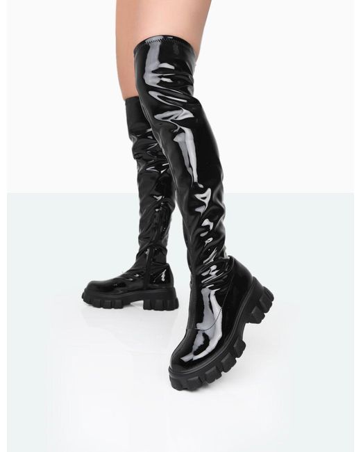 Public Desire Take Chances Black Patent Chunky Sole Knee High Boots