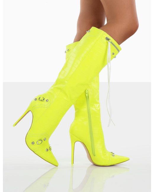 Public Desire Cardi Neon Yellow Croc Pointed Toe Zip Detail Knee High Boots  | Lyst