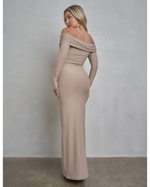 Public Desire Gray Bardot Luxe Slinky Maxi Dress Latte
