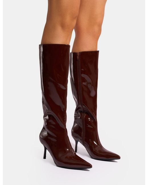 Public Desire Red Amped Chocolate Patent Pointed Toe Mid Heel Knee High Boots