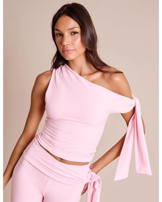 Public Desire Knot Detail Asymmetric One Shoulder Luxe Slinky Top Soft Pink