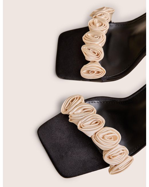 Public Desire Natural Marigold Black Satin Cream Rose Detail Lace Up Heels