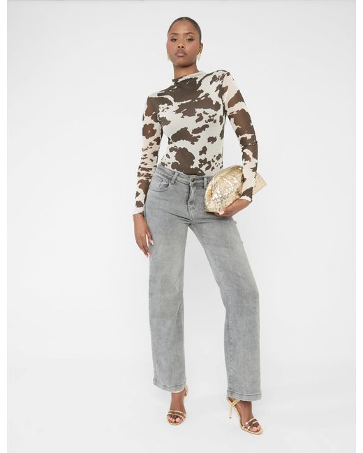 Public Desire Gray Long Sleeve High Neck Bodysuit Cow Print