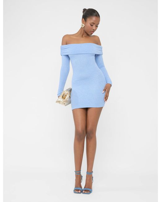 Public Desire Long Sleeve Off The Shoulder Bardot Mini Dress Blue