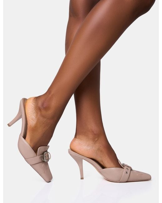 Public Desire Brown Macchiato Taupe Western Buckle Detail Mid Heel Mules