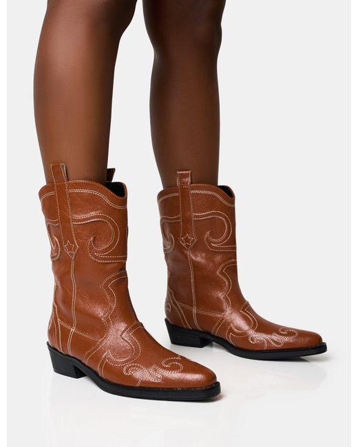 Public Desire Brown Folklore Tan Embroidered Flat Western Ankle Boots