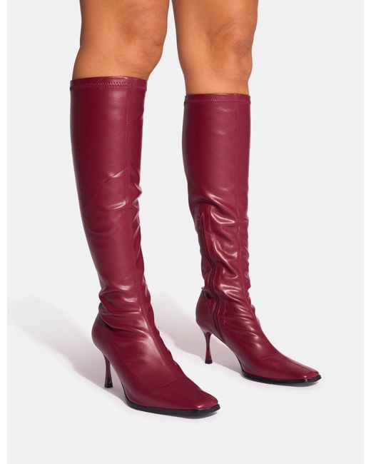 Public Desire Red Scorpion Burgundy Mid Heel Sock Knee High Boots