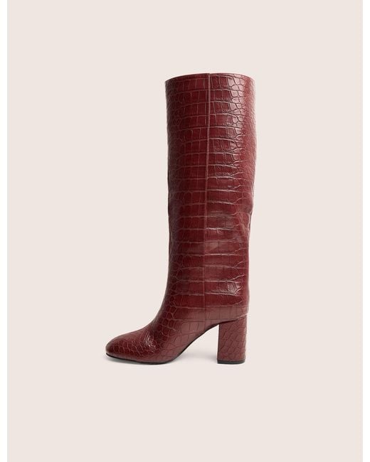 Public Desire Red Maison Burgundy Croc Pu Knee High Block Heeled Boots