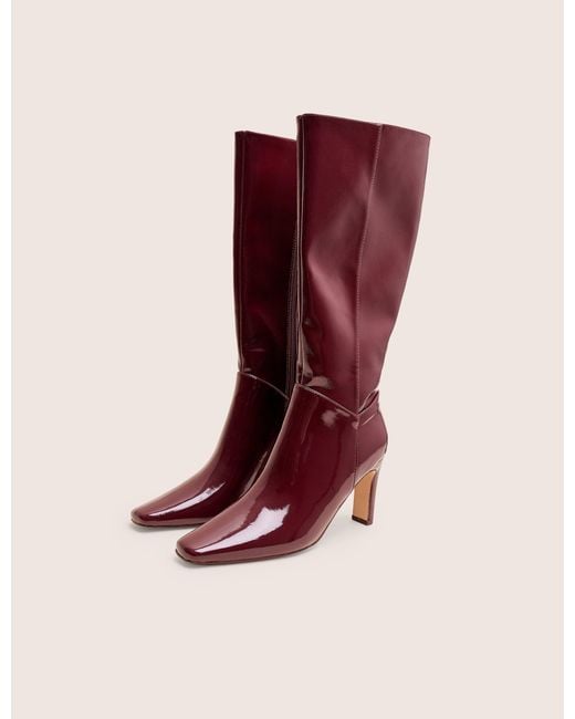 Public Desire Red Pose Burgundy Hi Shine Zip Up Knee High Slim Block Heeled Boots