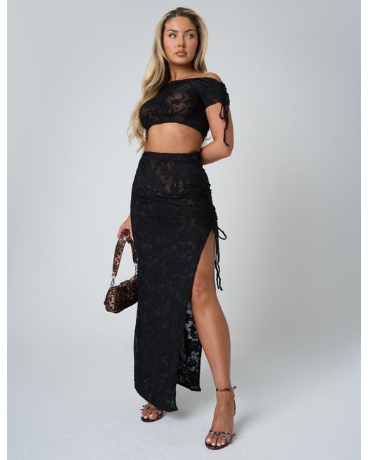 Public Desire Tie Detail Textured Floral Split Maxi Skirt Black