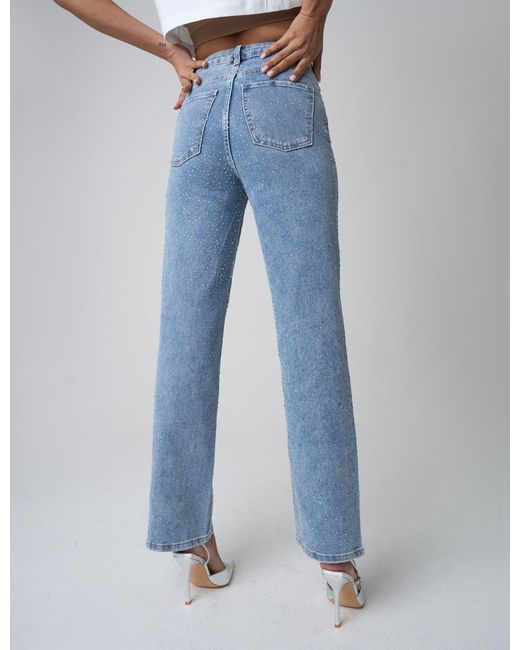 Public Desire Clear Diamante Straight Fit High Rise Demin Blue Jeans