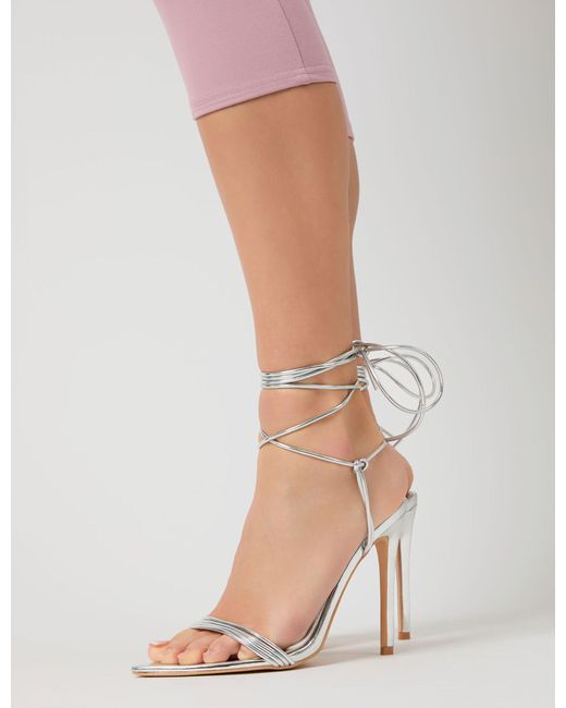 Public Desire Natural Merlot Mirror Silver Pu Lace Up Wrap Around Pointed Toe Stiletto Heels