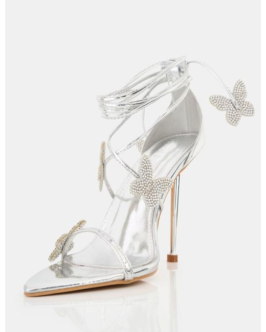 Public Desire White Pageant Queen Silver Mirror Diamante Butterfly Detail Lace Up Pointed Toe High Heels