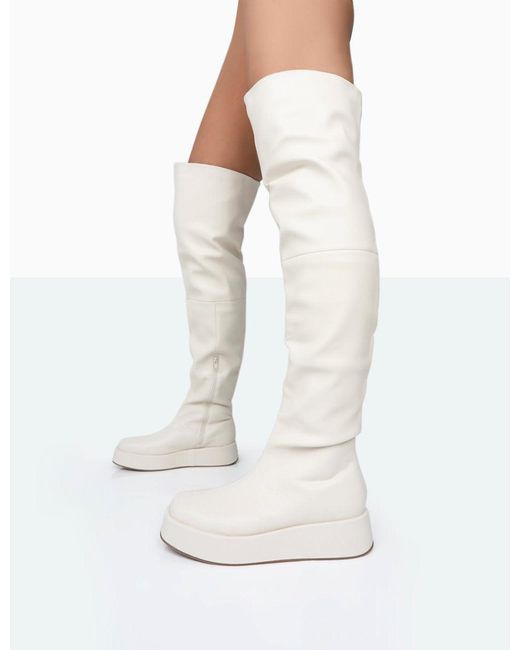 Public Desire White Erica Bone Pu Chunky Platform Sole Over The Knee Boots
