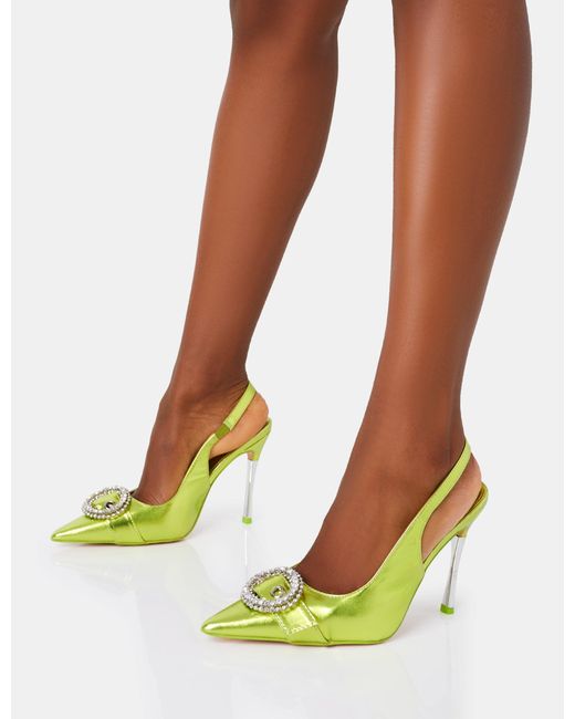 Public Desire Green Confession Lime Metalic Denim Diamante Buckle Broach Detail Slingback Pointed Court Stiletto High Heels