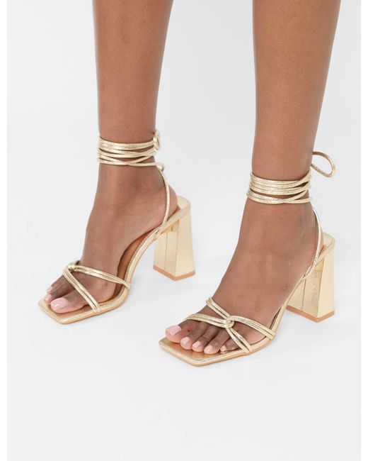 Public Desire Natural Schiffer Gold Cracked Pu Lace Up Block Heels