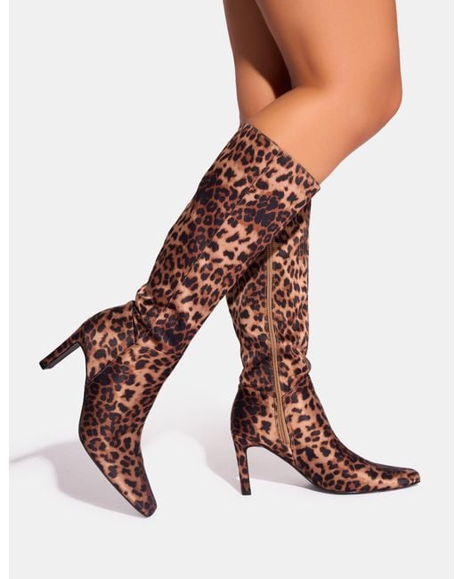 Public Desire Pink Pose Leopard Zip Up Knee High Slim Block Heeled Boots