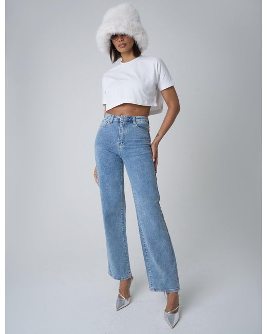 Public Desire Clear Diamante Straight Fit High Rise Demin Blue Jeans