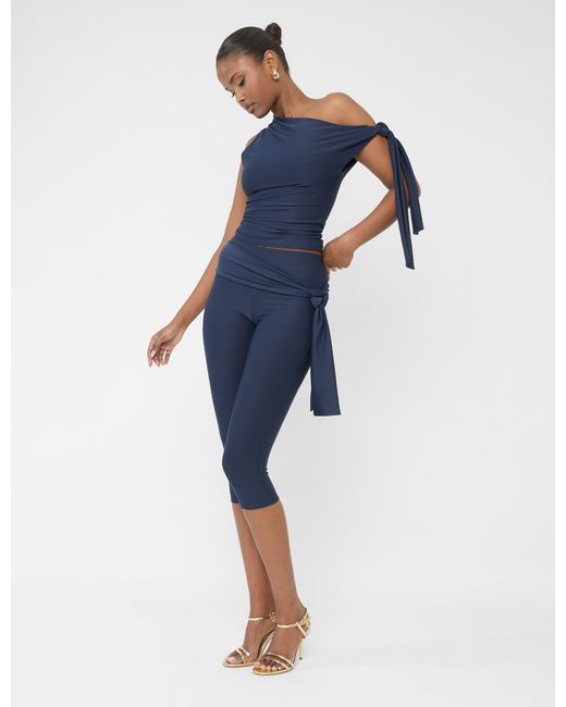 Public Desire Blue Knot Detail Tie Side Luxe Slinky Capri Pants Navy
