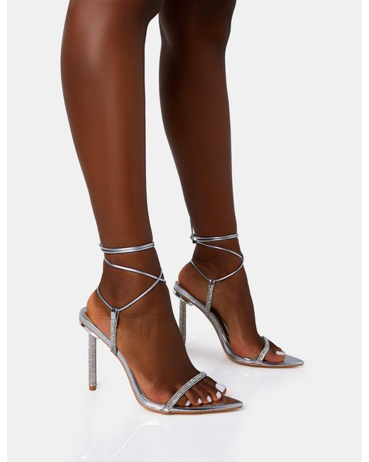 Public Desire Brown Dream Silver Mirror Strappy Diamante Heel Detail Pointed Toe Stiletto