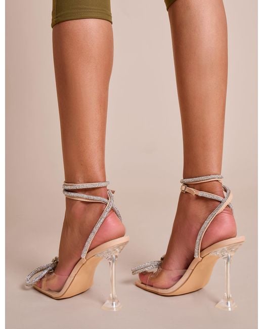 Public Desire Multicolor Glimmer Nude Wrap Around Diamante Bow Square Toe Heels