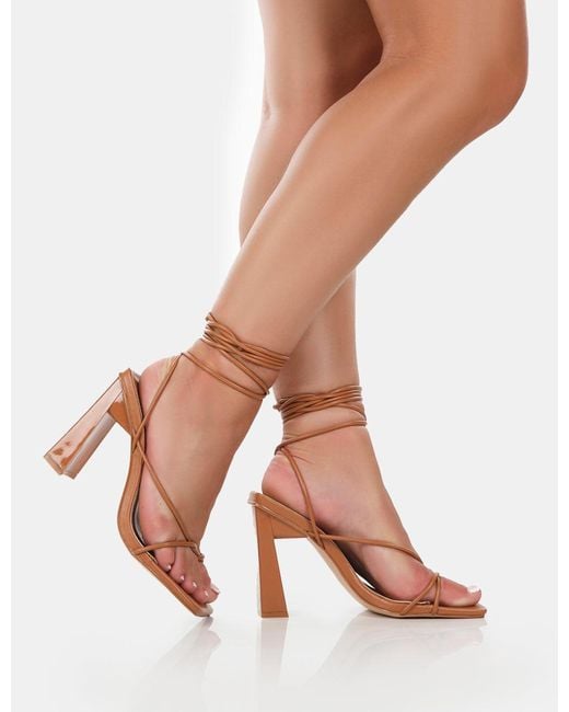 Public Desire Brown Viva Wide Fit Caramel Pu Square Toe Strappy Lace Up Stiletto Thin Block Heels
